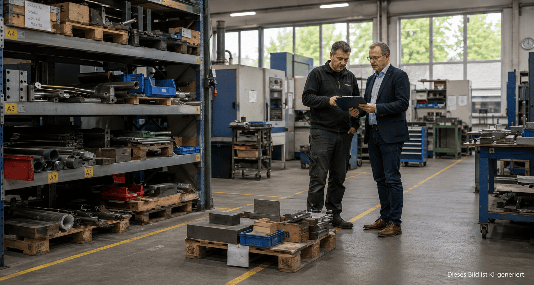 Zwei Männer stehen im Gang einer Lagerhalle zwischen Regalen mit Kisten und Bauteilen und schauen gemeinsam auf ein Tablet.