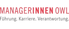 Logo Managerinnen OWL mit rotem Schriftzug „MANAGERINNEN OWL“ und dem Claim „Führung. Karriere. Verantwortung.“ auf hellem Hintergrund.