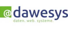 Logo von dawesys mit Schriftzug „daten. web. systeme.“ in Grün und Blau.