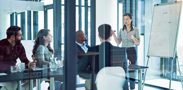 Frau steht vor einem Flipchart und erklärt Inhalte, mehrere Personen sitzen und hören in einem Besprechungsraum zu.